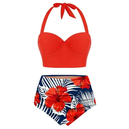 

Women Bathing Suits Tops+Shorts Two Print Swimwear Piece Floral Waist Crop Women Halter High Swimwears Tankinis Set