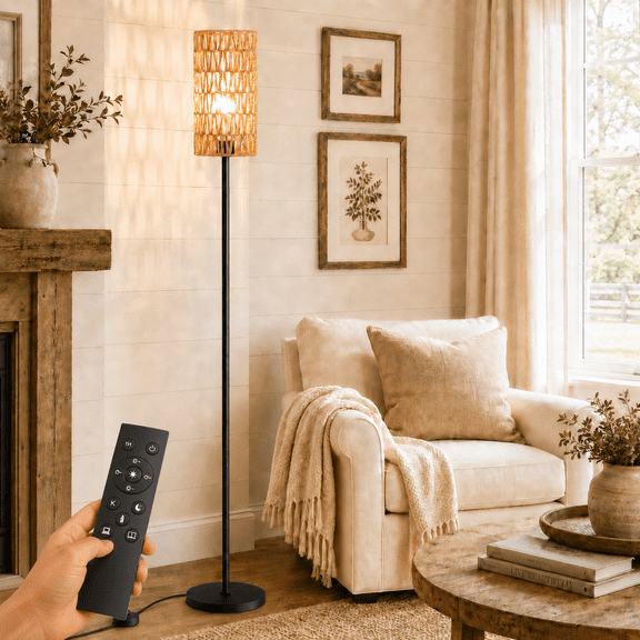 66" Floor Lamp for Living Room with Remote Control,Dimmable Standing Lamp with Woven Shade, 3 Color Temperatures, Tall LED Floor Lamp for Bedroom, Office, Farmhouse