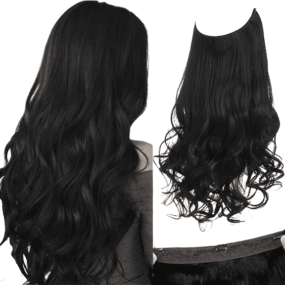 wisdomdodo 16 inch Invisible Wire Halo Hair Extensions Wavy Hairpiece, Adjustable Size No Clips, Transparent Wire Headband for Women, Black