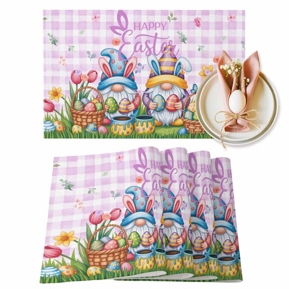 Happy Easter Placemats Set of 6, Spring Gnomes Colored Eggs Floral Purple Plaid Heat Insulated Linen Place Mats, Washable Stain-Proof Table Mats for Dining Tables Holiday Decor 13x19 Inches