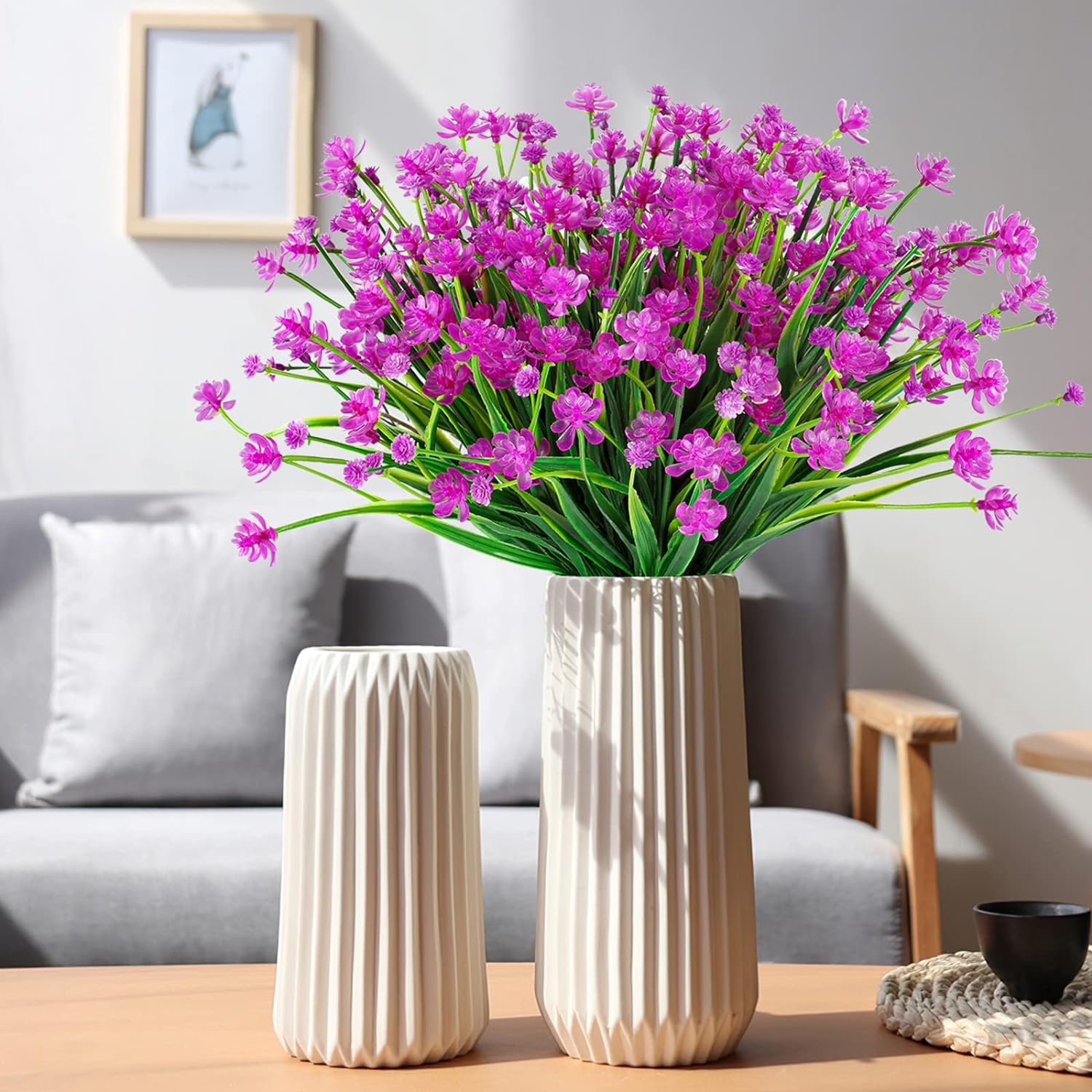 6 Bundles Artificial Flowers for Spring Decoration, Outdoor UV Resistant Fake Flowers No Fade Faux Plastic Plants for Indoor Outside Window Box Porch Hanging Basket Decor (Magenta-camellia)