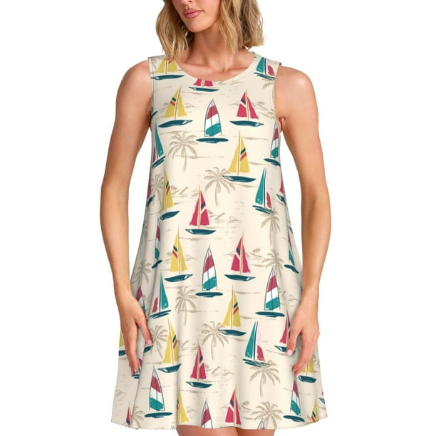 Fotbe Reto Marine Nautical Vestido de Verano sin Mangas para Mujer – Vestido Midi Línea A, Estilo Camiseta Floral, Vestido Playero Casual y Fluido