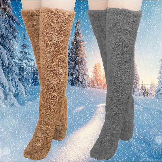 Calcetines de mujer, 2 pares, altos y peludos, por encima de la rodilla, calentadores de piernas de invierno, pantuflas para mujer, calcetines navideños para dormir en casa.