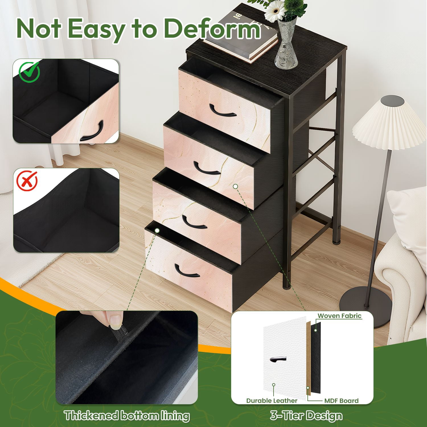Kanworse 4 Drawer Fabric Dresser for Bedroom Abstract dusty rose blush liquid Chests of Drawers for Closet Organizers Storage