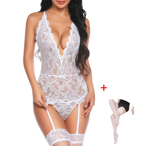 Conjunto de ropa interior de encaje sexy para mujer Ropa de dormir con cuello halter en V profundo-Blanco-2XL brillar Electrónica