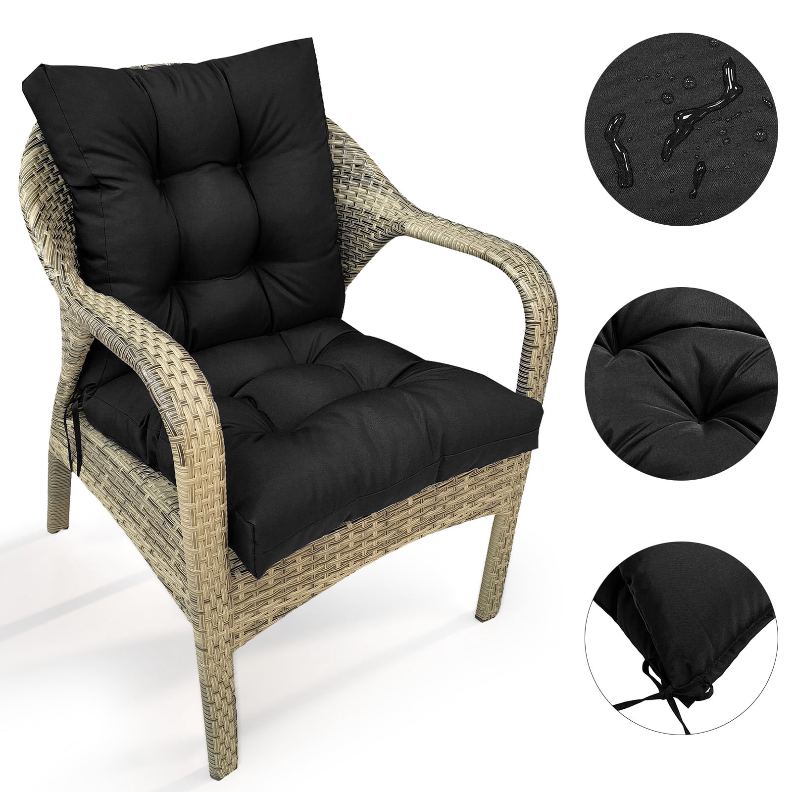SHANNA Outdoor Chair Cushions, 4 Pack Tufted Thicken Waterproof Patio Chair Pad Wicker Chair Seat Cushion with Non-Slip Ties for Outdoor Furniture, Black