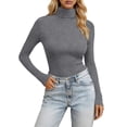 thumbnail image 2 of T Shirts for Women Long Sleeve High Neck Slim Fit Stretch Basic Solid Color Tees Womens Tees Dark Gray M, 2 of 5