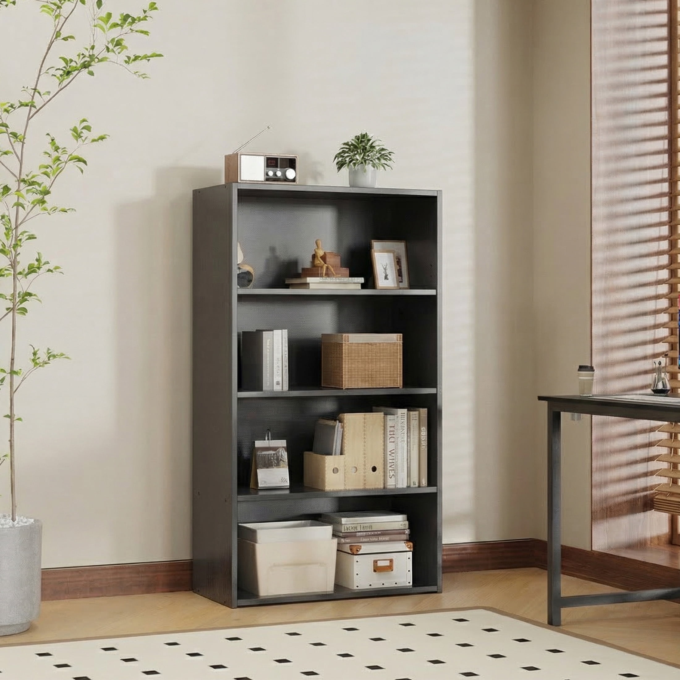 EDX 4 Tier Bookcase Storage, 42 Inch Large Tall Floor Standing Open Bookshelf for Home Office, Living Room, and Bedroom, Black