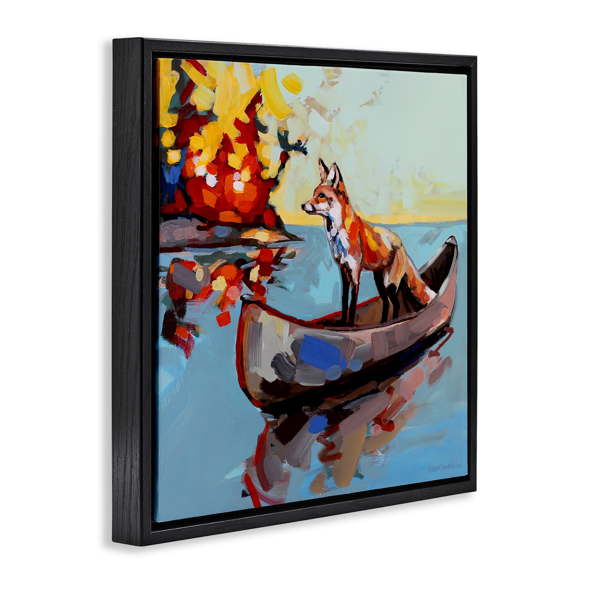 Fox's Voyage on Canoe Black Framed Floater Canvas Wall Art, design by Adam Swanson