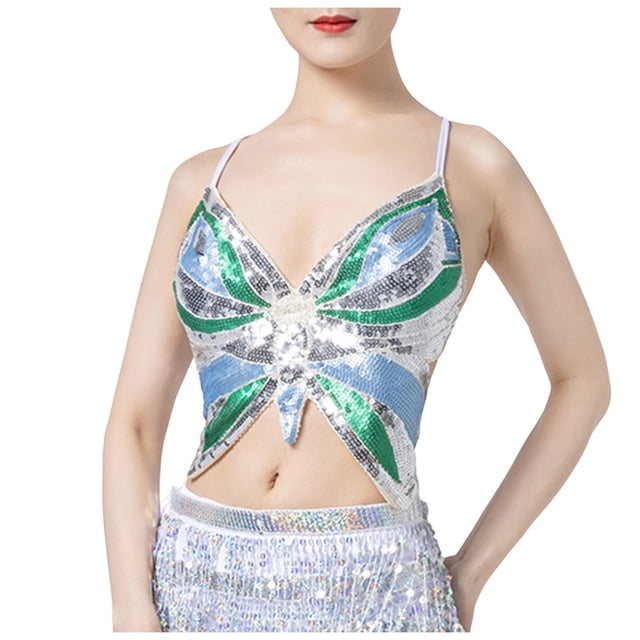 FhsagQ Bra Bras for Women Women Sequin Performance Top Belly Dance Bra Stage Party Performance Top Bras for Women Bras Plus Women Bras Light Green One Size