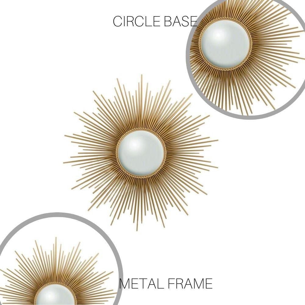 Miroir Sun en or – Miroir mural rayonnant avec cadre en métal complexe dans une finition dorée brillante, parfait pour ajouter une touche luxueuse et accrocheuse à n'importe quelle pièce