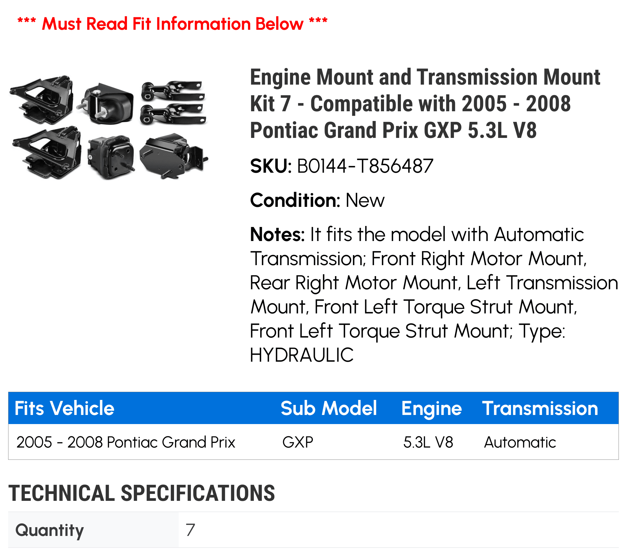 Engine Mount and Transmission Mount Kit 7 - Compatible with 2005 - 2008 Pontiac Grand Prix GXP 5.3L V8 - Autopart Premium