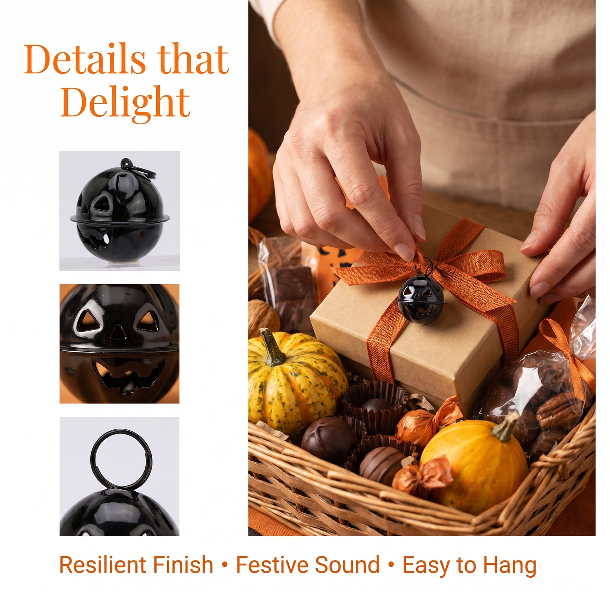 Unique Bargains 10Pcs Pumpkin Halloween Craft Round Bells Black Halloween Decor 0.9"L x 0.9"W x 0.9"H