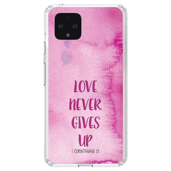 DistinctInk Clear Shockproof Hybrid Case for Google Pixel 4 (5.7" Screen) - TPU Bumper, Acrylic Back, Tempered Glass Screen Protector - 1 Corinthians 13 - Love Never Gives Up - Show Love of Christ