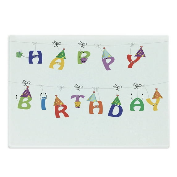 Birthday Cutting Board, Celebration Colorful Letters on Ropes Funny Faces Pointy Party Hats, Decorative Tempered Glass Cutting and Serving Board, Large Size, Multicolor, by Ambesonne
