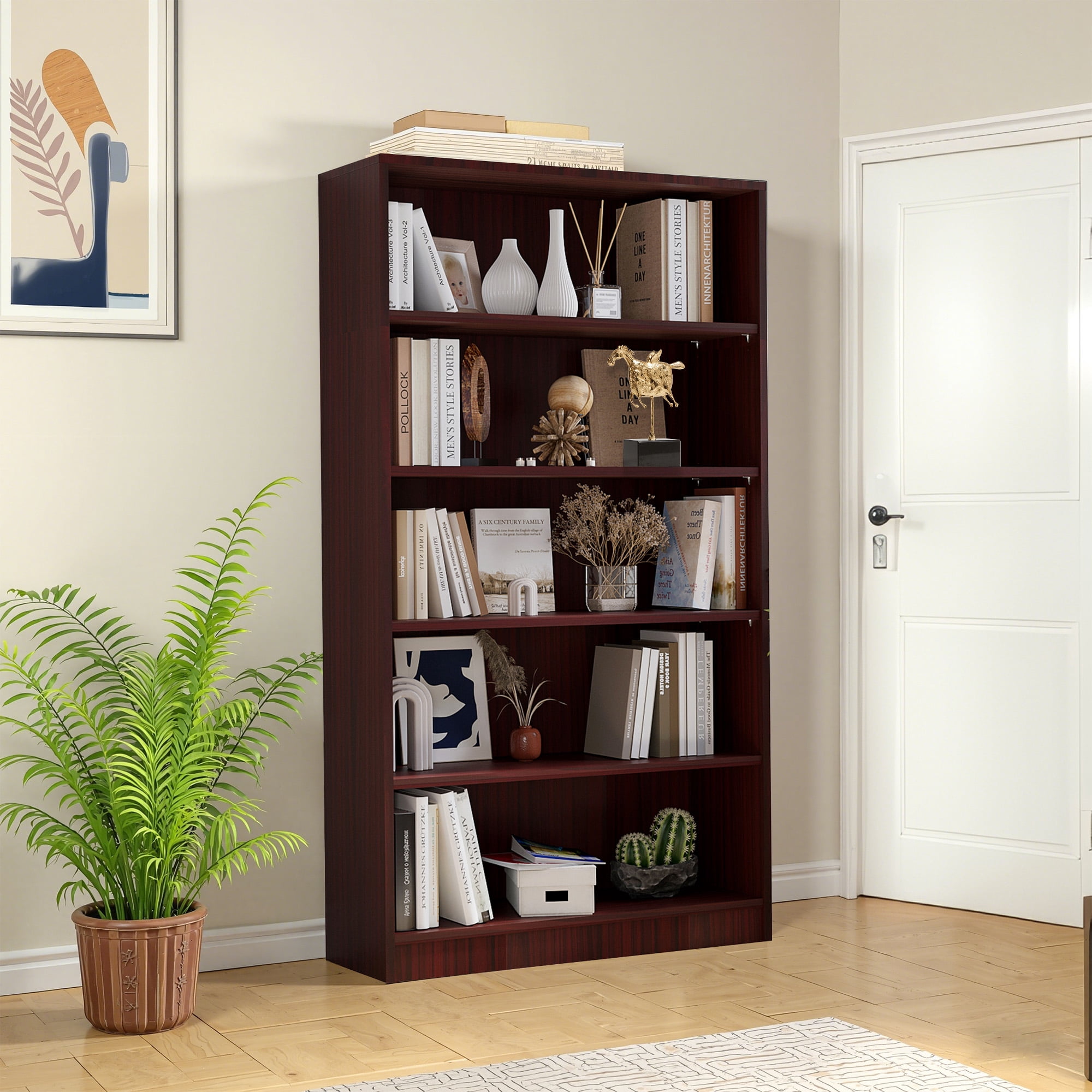 MAYEERTY Mahogany 5-Shelf Modern Wood Bookcase, 60" Tall, for Bedroom, Living Room, and Manga Library
