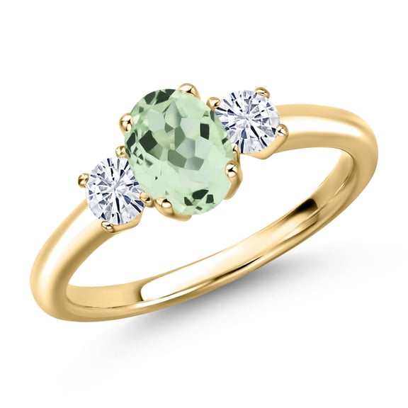Gem Stone King 10K Yellow Gold Green Prasiolite and White Moissanite Engagement Ring for Women | 1.07 Cttw | Oval 7X5MM | Gemstone Birthstone | Size 9
