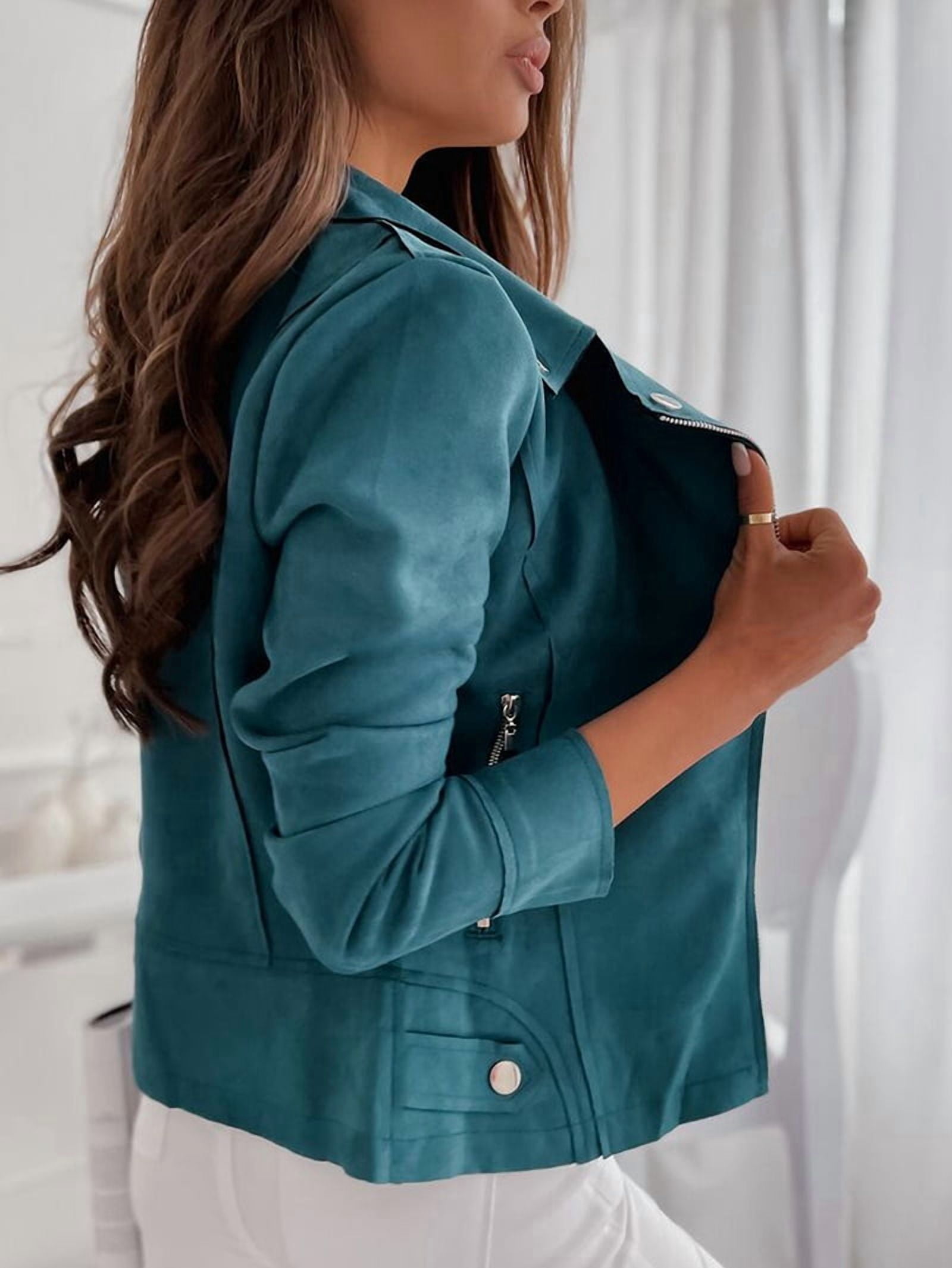 Women'S Faux Leather Jackets Suede Spring Trendy Outfits 2025 Fall Zip Up Cropped Moto Jakcet Outerwear Blue S