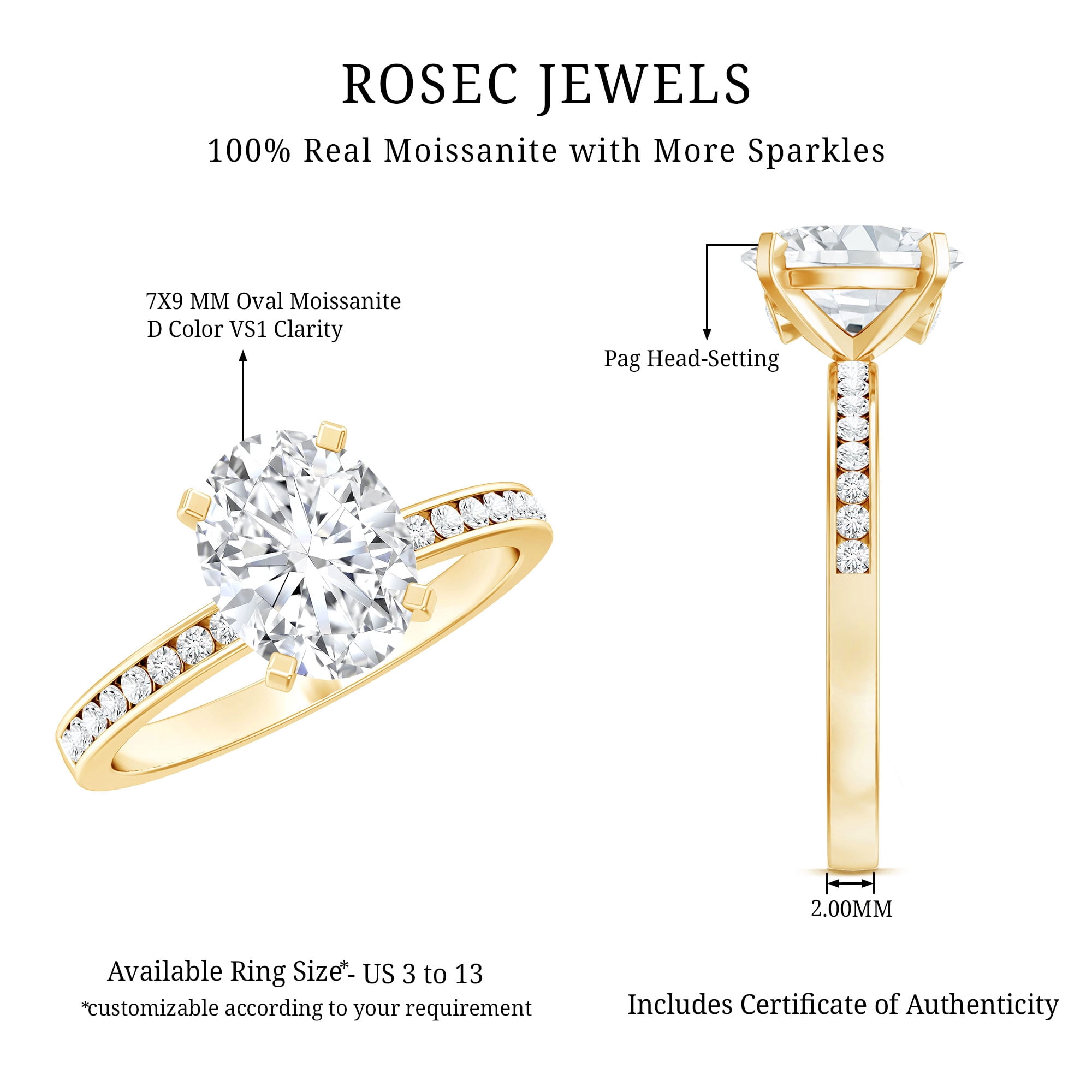 Rosec Jewels 2 Carat Oval Shape Moissanite Engagement Ring with Side Stones for Women (D-VS1 Quality) - with Jewelry Box, 18K Yellow Gold, US 5.50