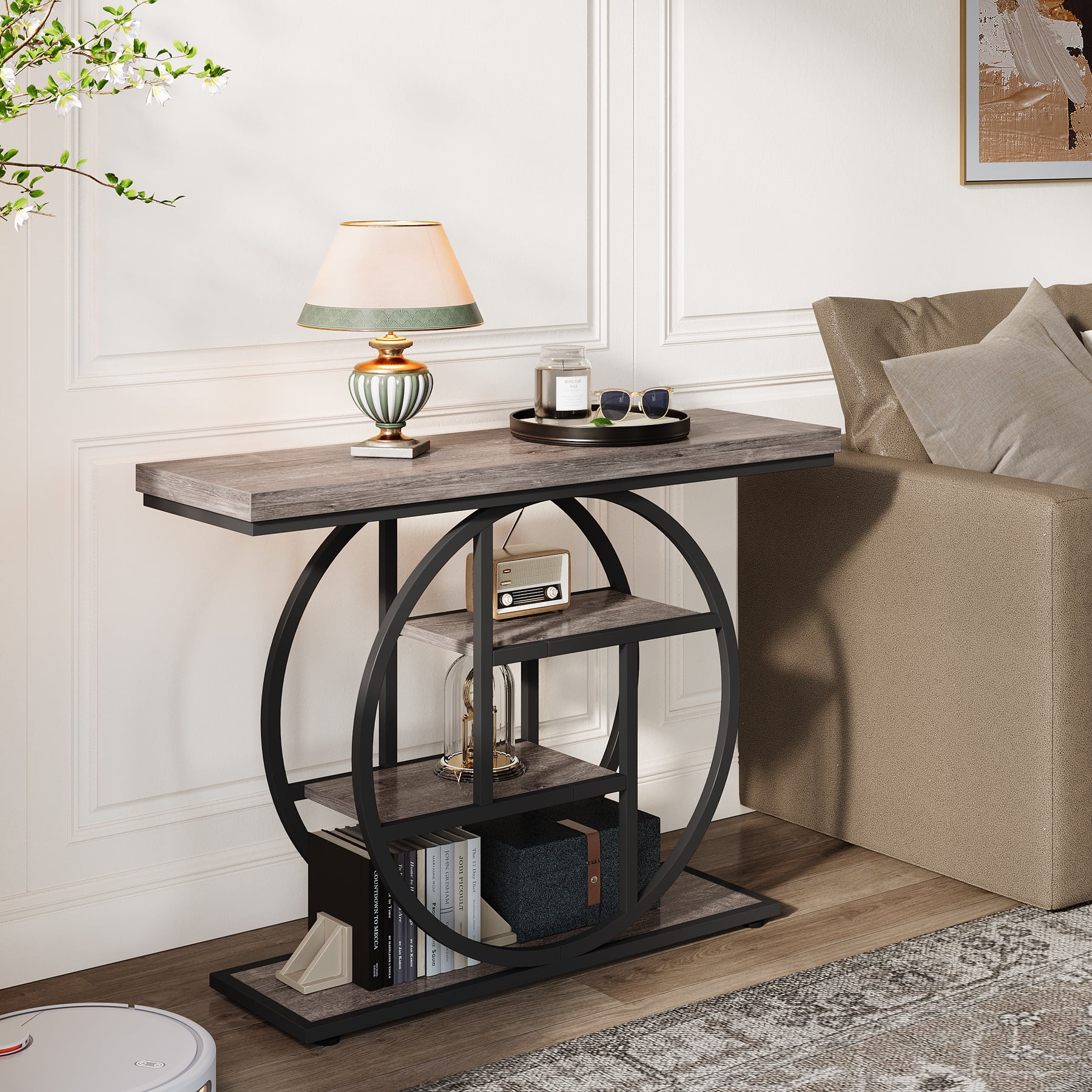 Fnova Console Table, Entryway Table with 4-Tier Storage Shelves, 42" Wood Modern Narrow Long Side Table, , Sofa Table, Accent Table for Living Room, Entryway, Hallway, Gray and Black