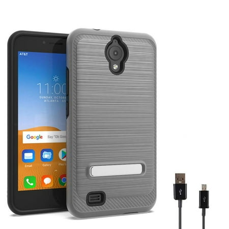 Usb Charger Cover For AT&T Axia Case, Cricket Vision Case, Alcatel Axia Case, Alcatel Vision USB Charger Brush Dual-Layered Cover (Brush Gray Stand/USB Charger) ()