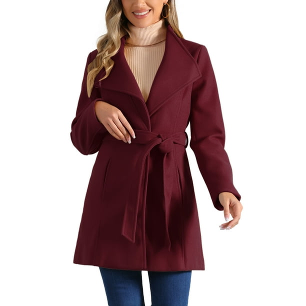 Abrigo largo de invierno con cinturón para mujer, clásico, de cuello alto, de manga larga, color burdeos