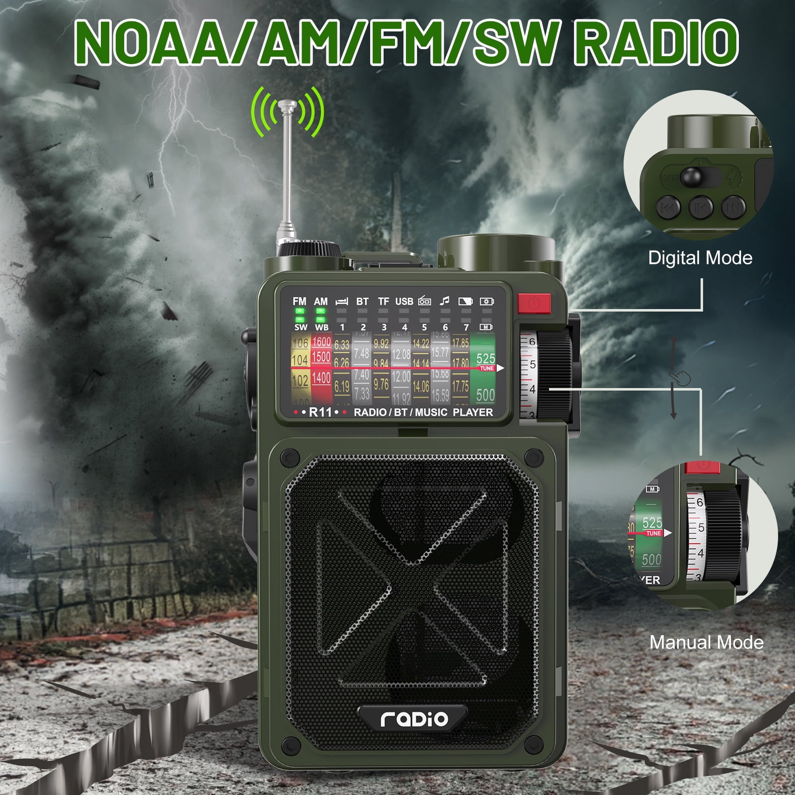 Greadio R11 Bluetooth Portable Emergency Radio, Battery Powered, Backlit, Small, Single Piece, Charging Cable & Storage Case, Green, R11