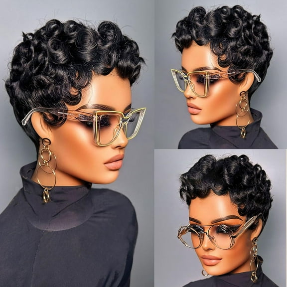 Pixie Cut Wigs for Women Brazilian Virgin Curly Wave Human Hair Glueless Short Layered Pixie Cut Curly Wigs With Bangs Natural Black Color for Daily Use