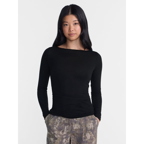 No Boundaries Drapey Tee with Long Sleeves, Women's XXS-XXL