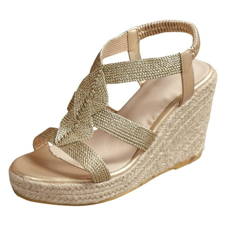 

Ediodpoh Foreign Trade Grass Weave Slope Heel Thick Bottom Women s Sandals Sandals for Women 2024 Gold 7.5(39)