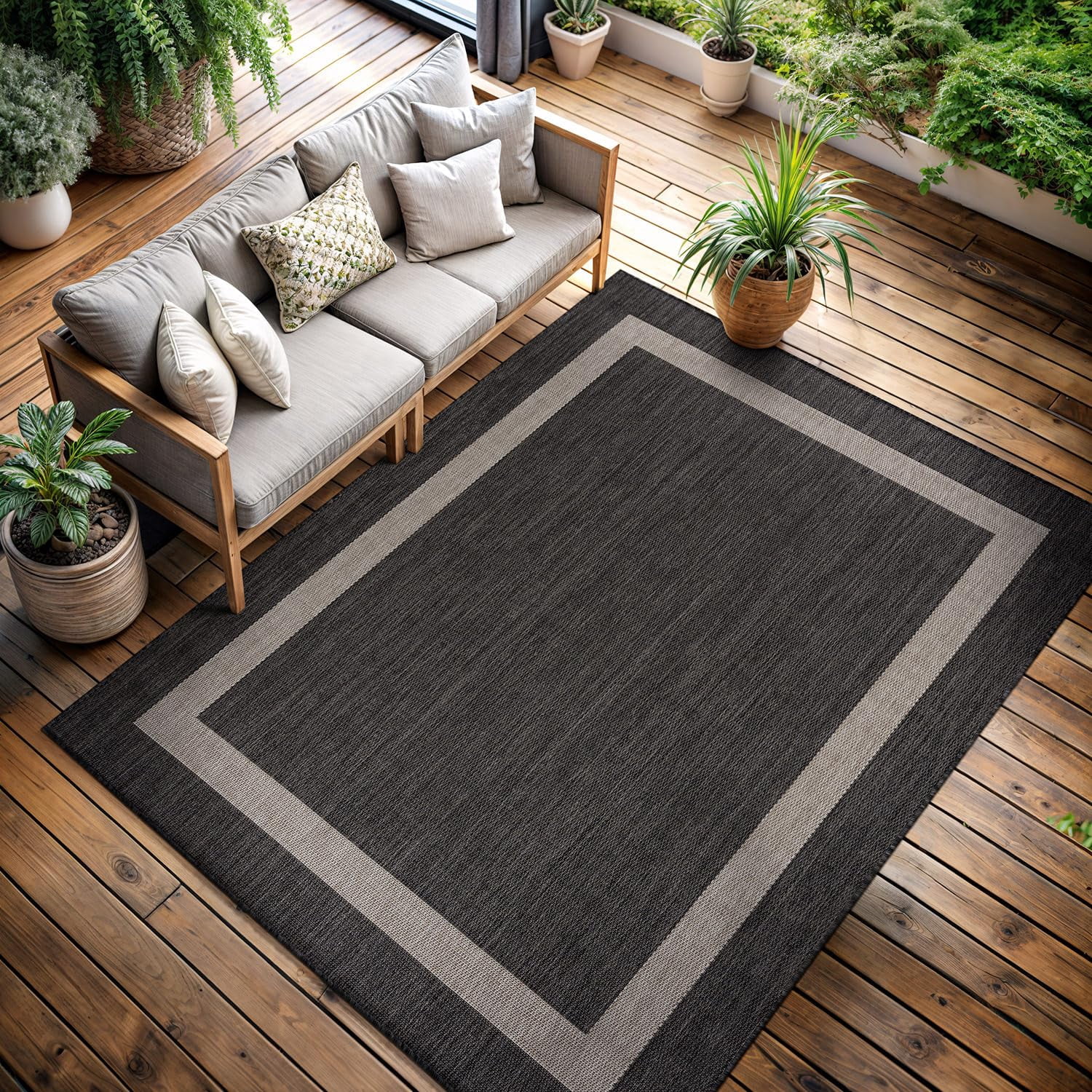Outdoor Rug 5x7 Modern Outside Rugs For Patios Porches Waterproof Durable Washable Non-shedding  Easy-to-clean Indoor Area Carpet (5 X 7 Bordered - Dark Gray/light Gray)