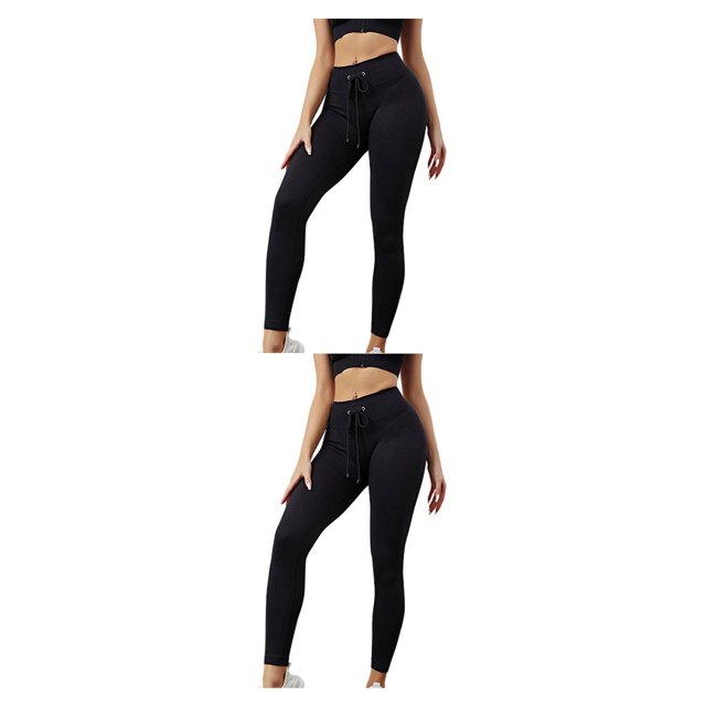 Jumpingount Mallas acanaladas para mujer, sin costuras, con cordón, para correr, Yoga, cintura alta, pantalones de chándal deportivos, medias Negro 2piezas