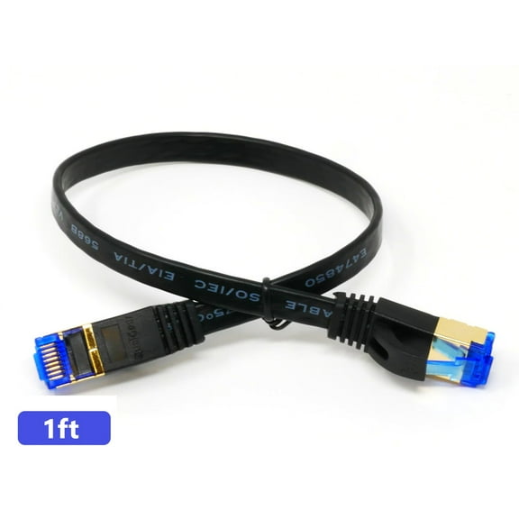 QualGear RJ45 Cat 7 Ethernet Patch Cable, 10Gpbs High-Speed Cable, 600MHz, Triple-Shielded, Flat, 1 Feet, Black