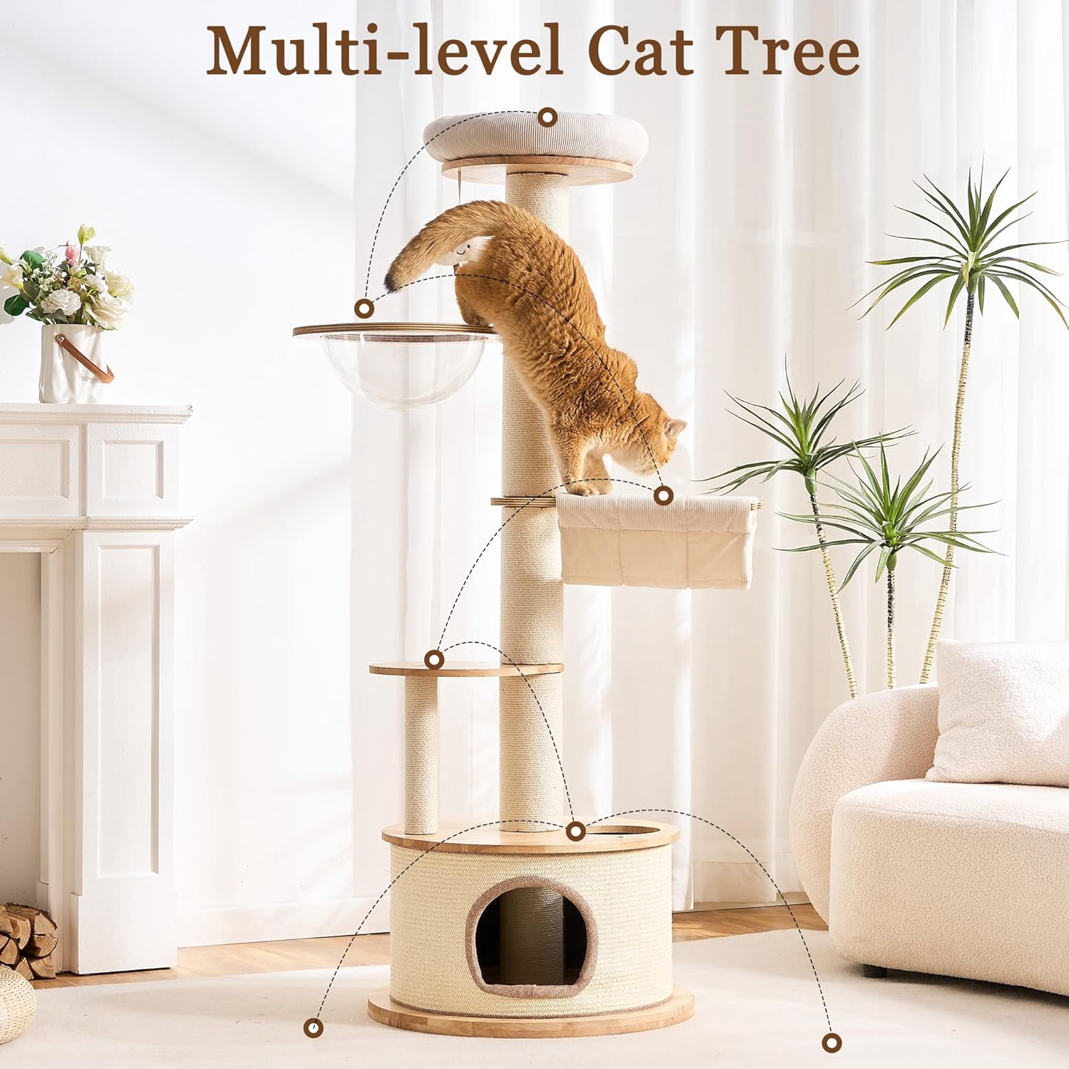 Modern Cat Tree Tower with Scratching Post for Indoor Cats Large Adult, 60 inch Tall Solid Wood Multifunctional Cat Tree Tower with Bed, Space Capsule, Sisal Wrapped Condo, Multiple Cats Use
