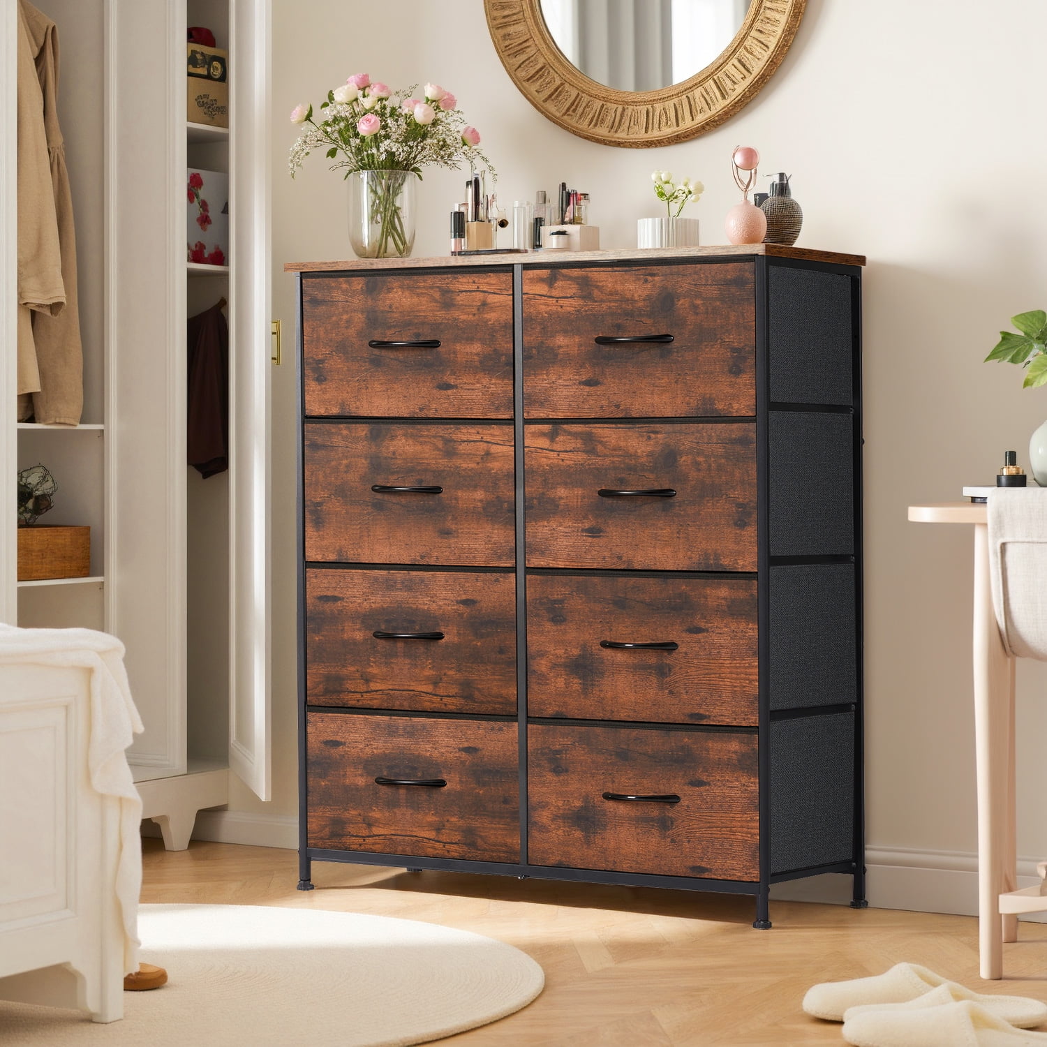 TINKLE WELL 8 Drawers Dresser for Bedroom with Metal Frame, Wood Tabletop, Storage Chest Drawers, Rust