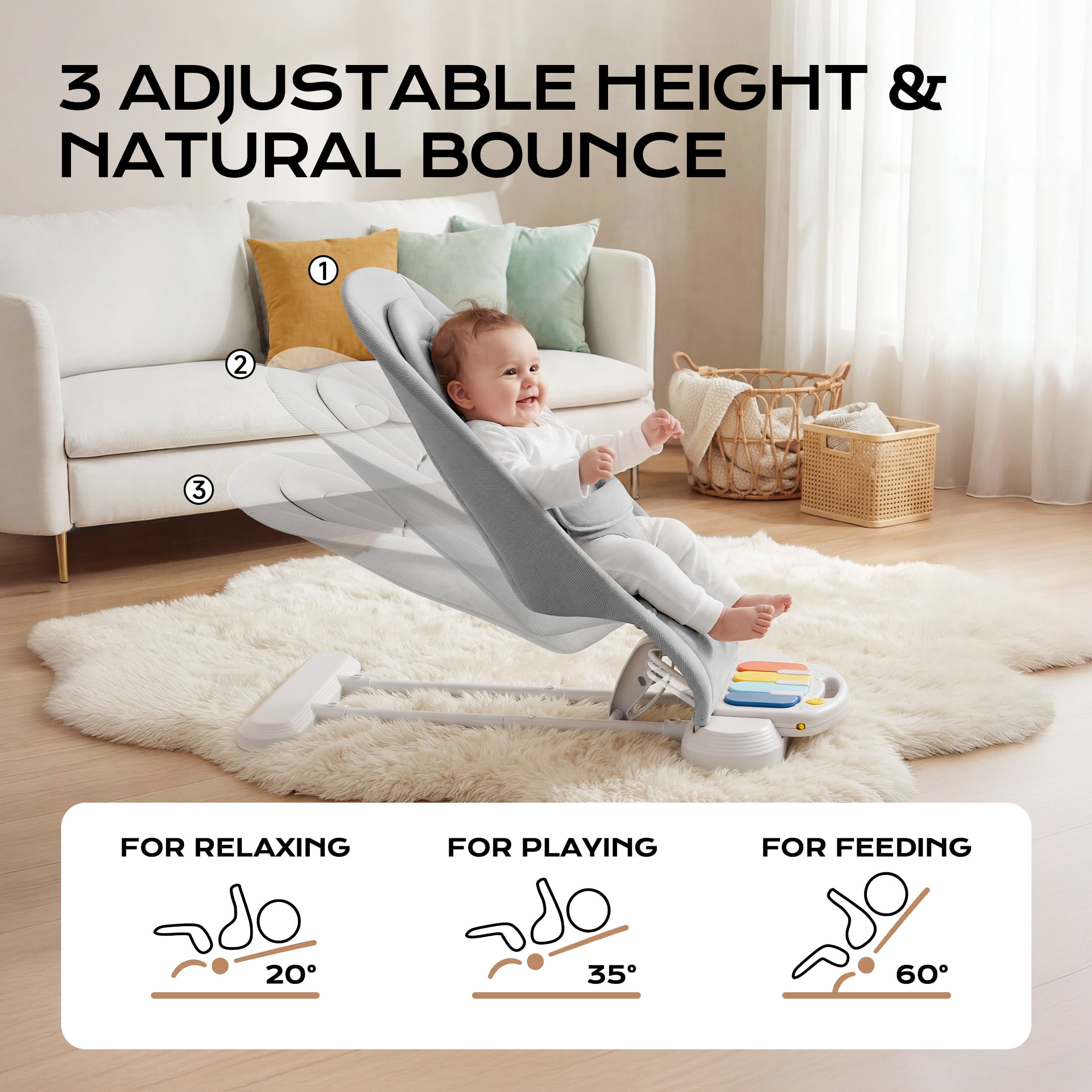 Babyomi 4-1 Baby Bouncer , 3-Level Recline Foldable Rocker for Infant to Toddler 0-6 with Detachable Pianos, Feeding Tray and Play Bar 12-24 Months, Girls and Boys Gift, Gray