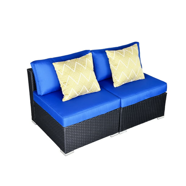 Outdoor Furniture Patio Loveseat 2 Piece Rattan All Weather Sectional Sofa Wicker Chair Black Dark Blue Cushions Com - Outdoor Furniture With Blue Cushions