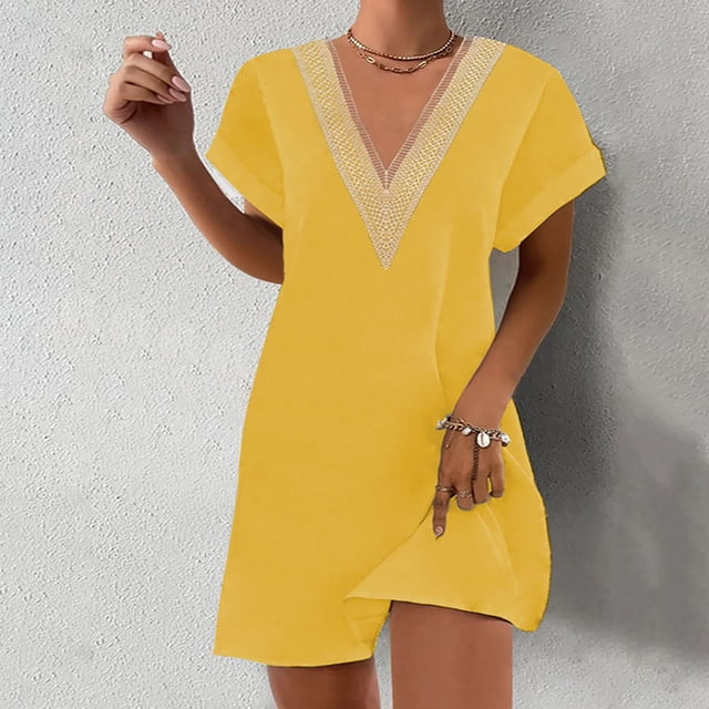 Mefallenssiah Mode Femmes Été Solide Causal V-Cou à Manches Courtes Vacances Robe de Dentelle
