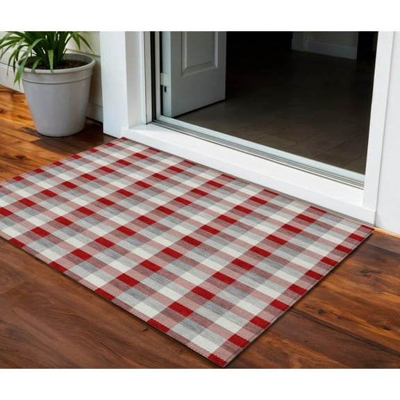 3' X 5' Red Gray And Beige Plaid Washable Indoor Outdoor Area Rug