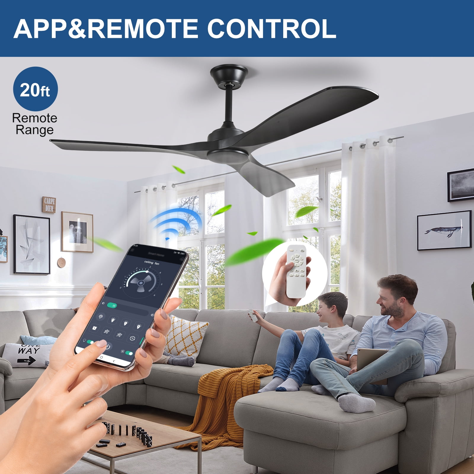 52-Inch Black Ceiling Fan with no Light: Indoor/Outdoor Use Hanging Fan, Remote Control, High Efficiency with Quiet DC Motor, Timer Function
