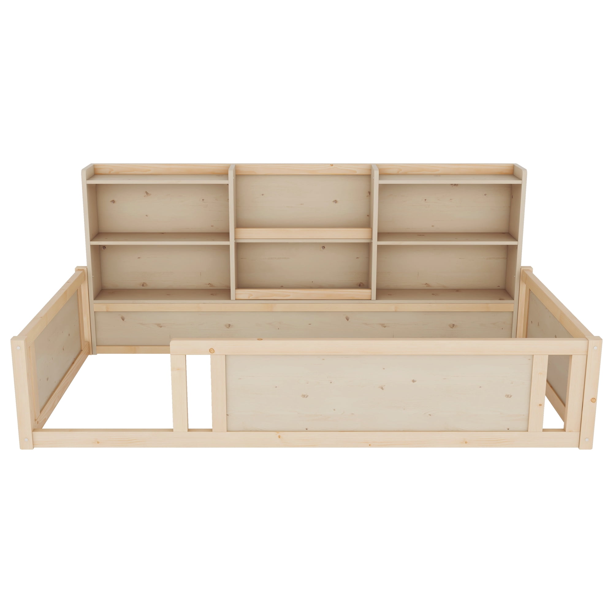 Mintazer Twin Size Montessori Floor Bed with Bookcase Headboard & Guardrails, Kids Platform Bed Frame with 6 Cubby Storage Shelves for Bedroom, Natural