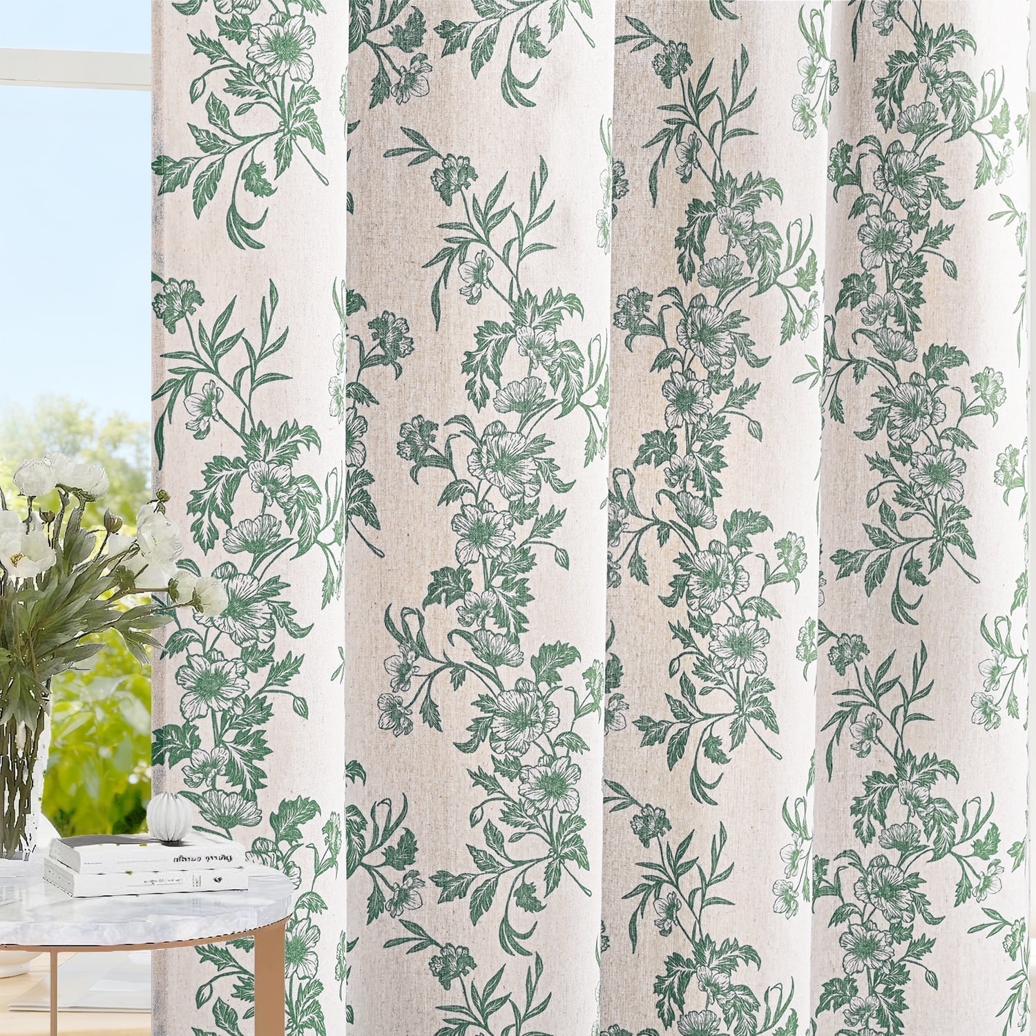 Alishomtll Floral Curtains for Living Room Farmhouse Country Linen Curtains Light Filtering Window Drapes,Sage Green ,52"x84", 2 Panels