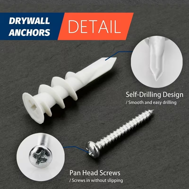 100-Piece Self-Drilling Drywall Anchors and Screws Kit - 50 Plastic Plaster Anchors & 50 #8 X 1-1/4'' Screws for 75LB Weight Capacity