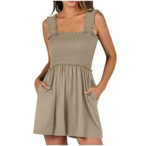 RQYYD Romper for Women's Summer Casual Smocked Rompers Square Neck Sleeveless Loose Short Jumpsuit Flowy Beach Outfits with Pockets