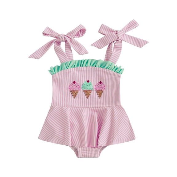 BemeyourBBs Newborn Baby Girl Ice Cream One Piece Swimsuit Infant Girls Bathing Suit Rash Guard Embroidery Striped Ruffled Trim Tie Shoulder Swimwear Summer Beachwear
