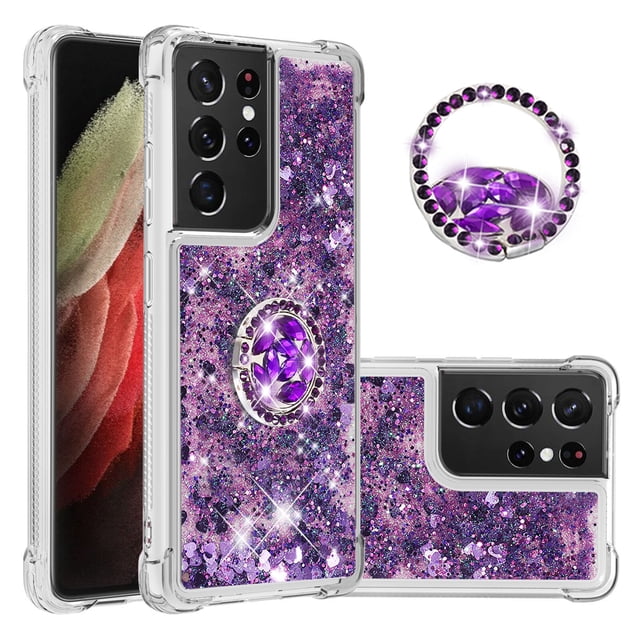 Funda para Samsung Galaxy S21 Ultra 5G con Brillo Líquido Flotante, Purpurina, Parachoques y Anillo Giratorio Soporte