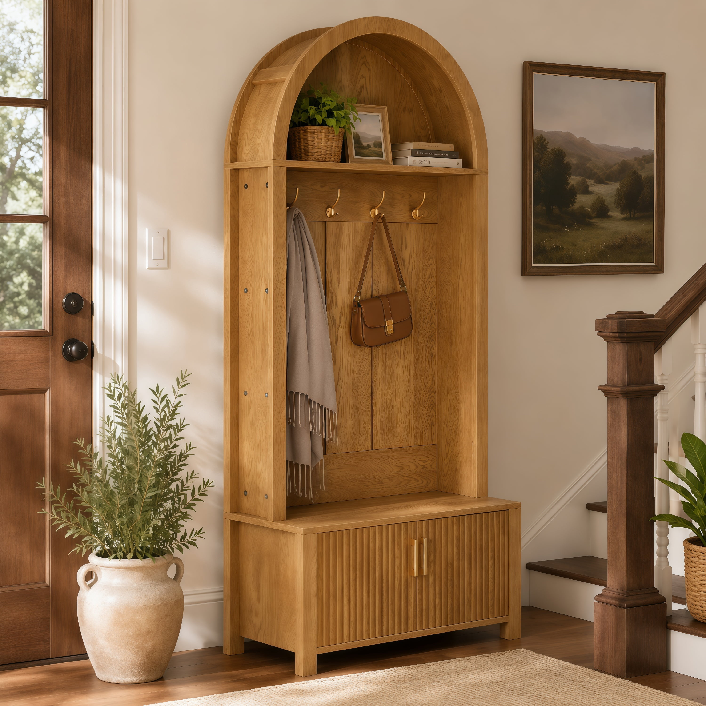 Arched Top Hall Tree with Bench and Shoe Storage,mudroom bench with storage,70.3"Arch Coat Rack with 4 Metal Hooks and 2 Fluted Doors, Organizer for Mudroom, Entryway, Hallway