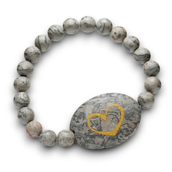 Heart Pointed Gray Picasso Genuine Semi Precious Beaded Stretch Bracelet 9mm