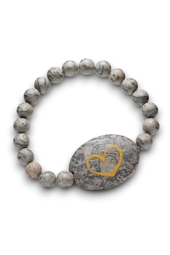 Heart Pointed Gray Picasso Semi Precious Stone Stretch Bracelet Beaded Stretch Bracelet, 12mm Genuine Semi-Precious Natural Gemstone