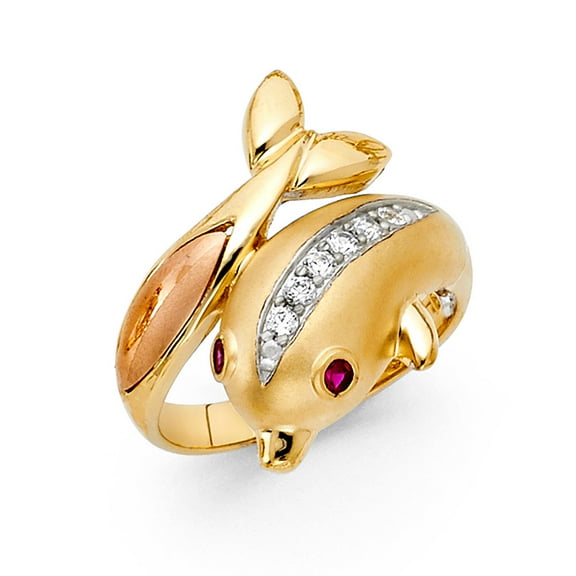 CZ Dolphin Ring Solid 14k Yellow White Rose Gold Good Luck Band Curve Satin & Polished Finish, Size 7